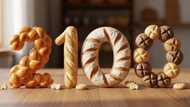 A wooden table with the numbers 2100 made from various types of bread