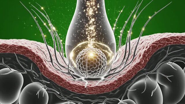 Stylized Microcell Structure Interacting with Energetic Particles in Abstract Digital Illustration against Green Background