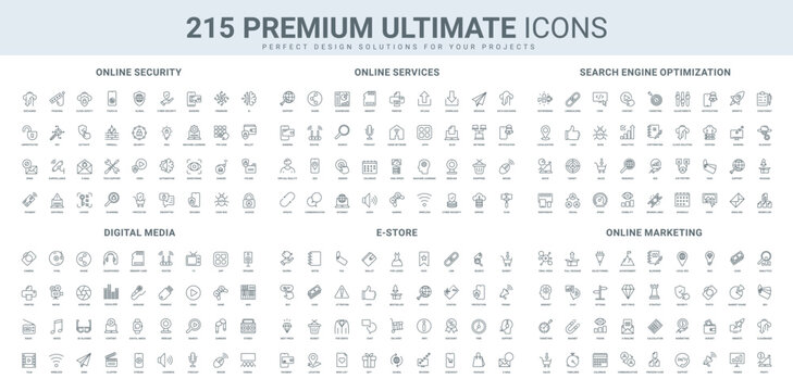 Online security, digital video audio media and service, SEO marketing line icon set. Data exchange and update, cloud download, automation and tech support thin black outline symbol vector illustration