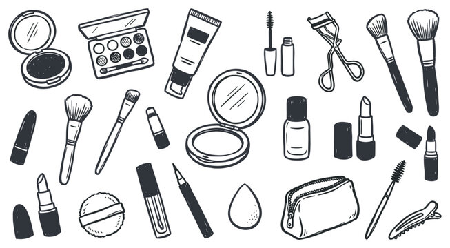 Various hand-drawn makeup and beauty products, including brushes, lipstick, powder, and mascara, arranged in a seamless pattern with a clean aesthetic