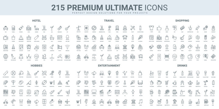 Hotel hospitality, entertainment event and travel, drinks thin black line icons set vector illustration. Outline symbols of reception service and restaurant, shopping in store, yoga and, music