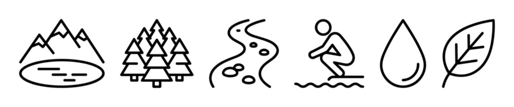 Collection of six simple black outline nature and outdoor activity icons, including mountains, trees, river, person swimming, water drop, and leaf