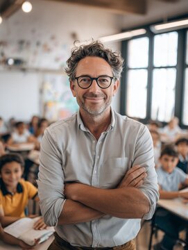 Smiling male teacher standing in classroom with students