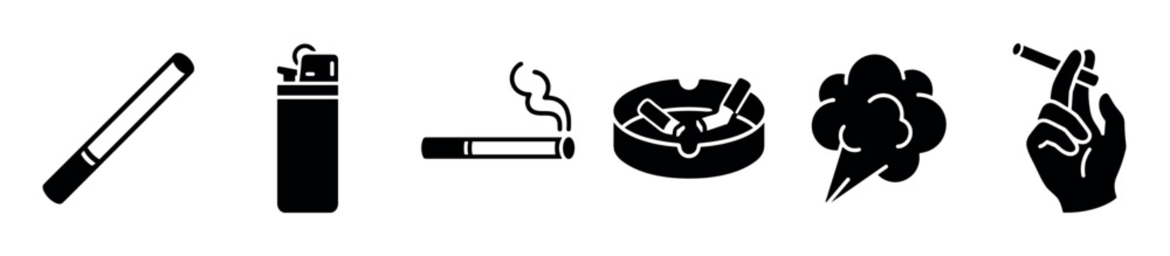 Various black silhouette smoking related icons including a cigarette, lighter, ashtray, and hand holding a cigarette, presented as graphic elements
