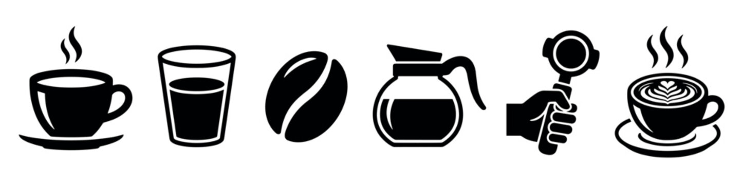 Collection of black coffee icons including a steaming cup, glass, bean, pot, hand holding a portafilter, and latte art