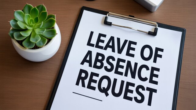 Leave of absence request form on a clipboard with a succulent on a wooden desk