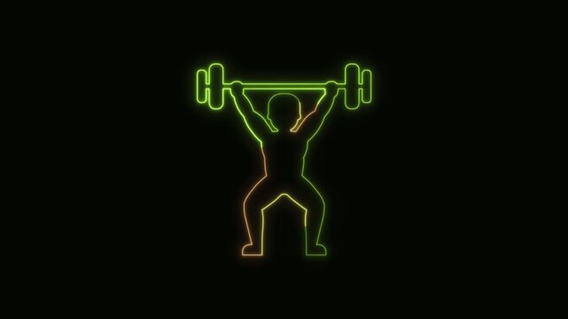Weightlifter Icon Neon Seamless Loop 4K Black Background Animated Promotional Typography for Video Editing