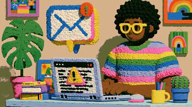 A man receiving a suspicious email on a laptop, abstract envelope icon with warning mark, modern desk setup, 3D skeuomorphic illustration, soft rounded shapes, subtle realistic materials, warm neutral
