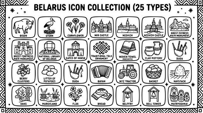Belarus Culture  Travel Icon Collection: National Landmarks, Symbols, and Heritage Elements in Black  White Line Art Style