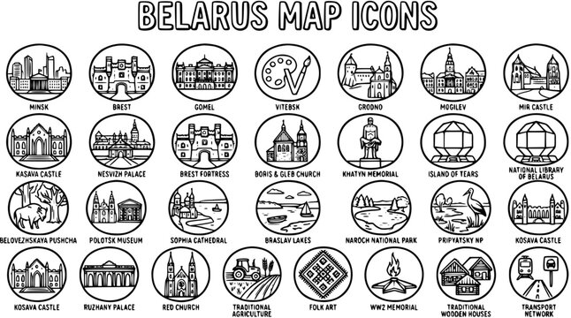 Belarus Map Icons Collection: Black  White Line Art Symbols for Travel  Tourism, Featuring Landmarks, Cities, Nature  Culture