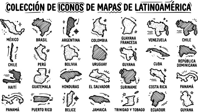 Geography  Travel: Hand-drawn Black and White Line Art Map Icons Collection of Latin American Countries