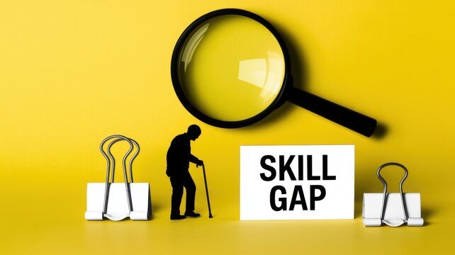 Skill gap concept with magnifying glass and silhouette of elderly man on yellow background