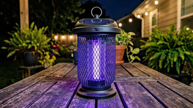 Solar Powered Mosquito Zapper Lantern on Wooden Table Outdoor Patio Lighting for Summer Evenings Mosquito Zapper