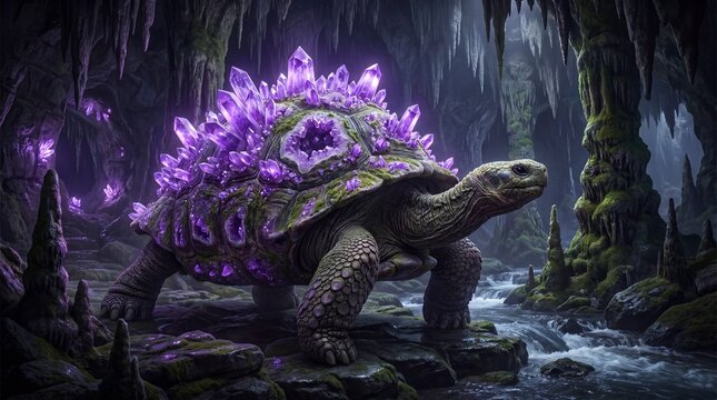 Giant fantasy tortoise with glowing purple crystals in cave