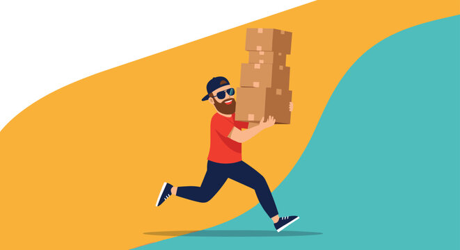 Energetic delivery man in red shirt and cap running fast while carrying a tall stack of cardboard boxes for shipment.