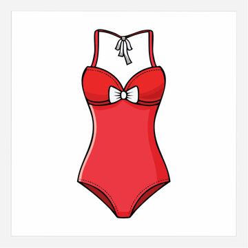 Red One-Piece Swimsuit with White Bow Detail