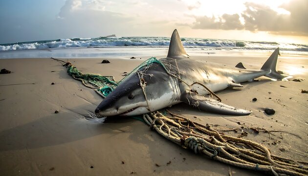 A shark lies entangled on a beach