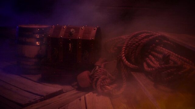 Fog and smoke envelop a sea-side dock lit by firelight.