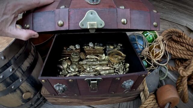 Point-of-view opening a treasure chest filled with gold.