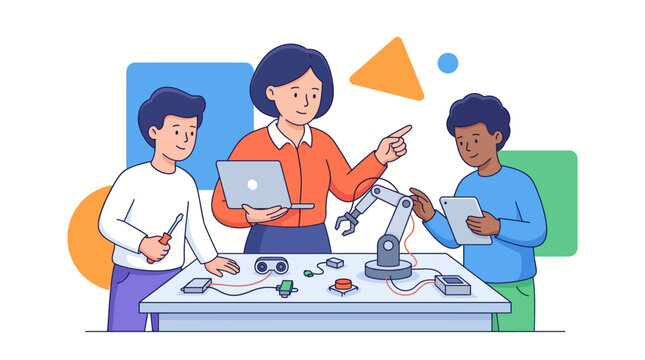 Teacher guiding kids in a STEM classroom building a robotic arm and learning to code
