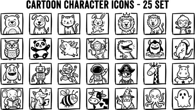 Cartoon Character Icons Set - 25 Black and White Line Art Illustrations