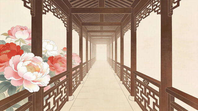 Chinese style illustration of a wooden corridor and colorful peony flowers