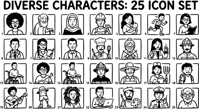 Diverse Characters: 25 Icon Set - Black  White Line Art, Professional, People, Occupations