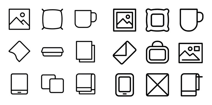 Media and objects concept icons with picture frame, pillow and cup for mobile app design in outline style