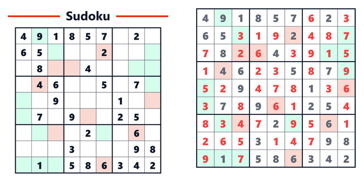 Sudoku puzzle with even and odd numbers highlighted in red and green  