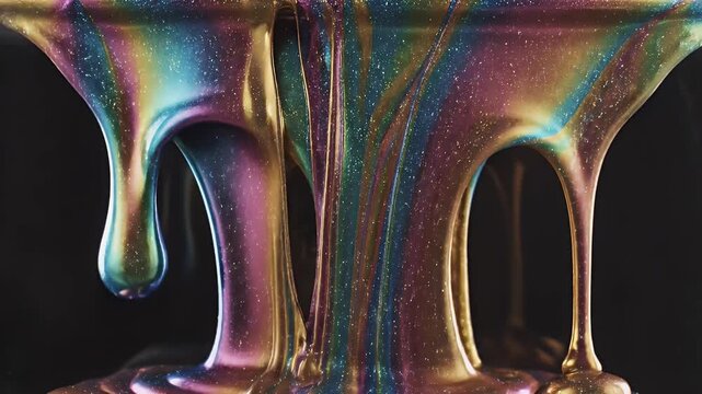 Close-up of a Vibrant Multicolored Iridescent Fabric Fold Draped Over a Deep Black Background