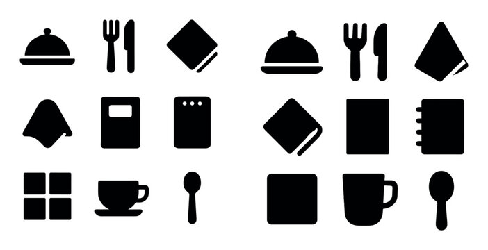Kitchen and dining vector icons with cloche, cutlery and cup for mobile app design in solid flat style