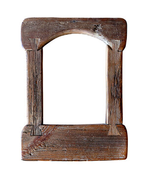 Rustic wooden frame isolated on transparent background, ancient antique timber border for fantasy game UI and vintage photos