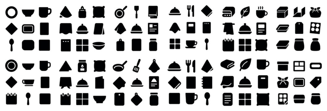 Kitchen and dining and food and beverage icon set with cup spoon bowl for infographic layout in flat vector art