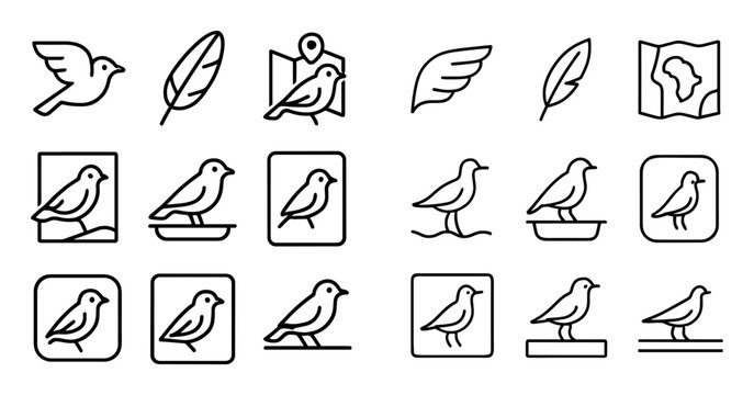 Birds and nature concept icons with bird, feather and map for web design in outline style