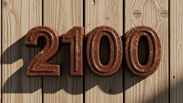 A close-up photograph of rusty 3D number 2100 on wooden planks