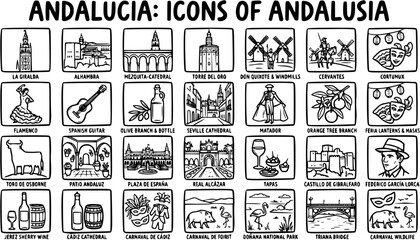 Andalucia Icons Set: Black and White Hand-Drawn Line Art Symbols of Spanish Culture, Travel, and Landmarks in Southern Spain © pixsource