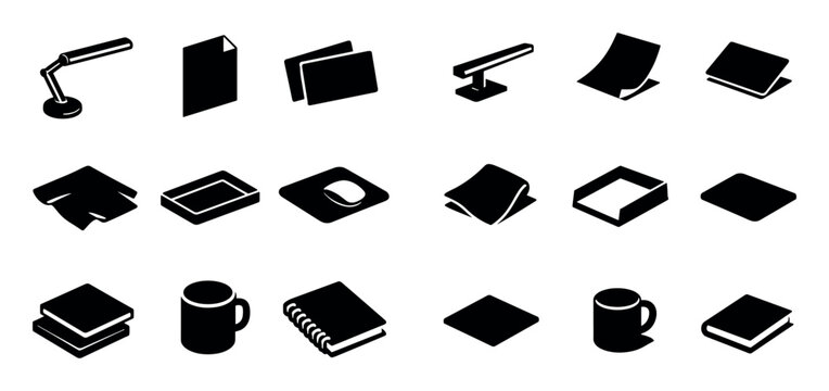 Workspace and stationery design icons with desk lamp, paper and coffee mug for presentation graphics in solid style