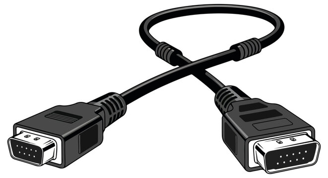 Black vga cable with two male connectors, coiled cord