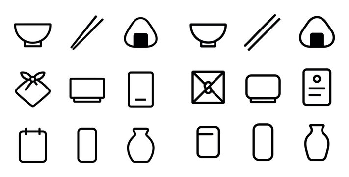 Japanese food and dining design icons with bowl, onigiri and chopsticks for web interface in minimal outline style