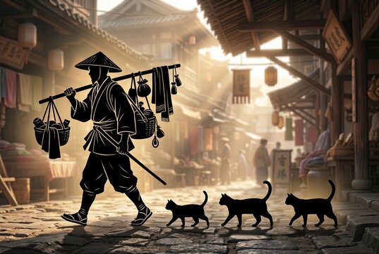 Generated AI set photos Silhouette of traditional Asian trader with cats walking in a historical village street