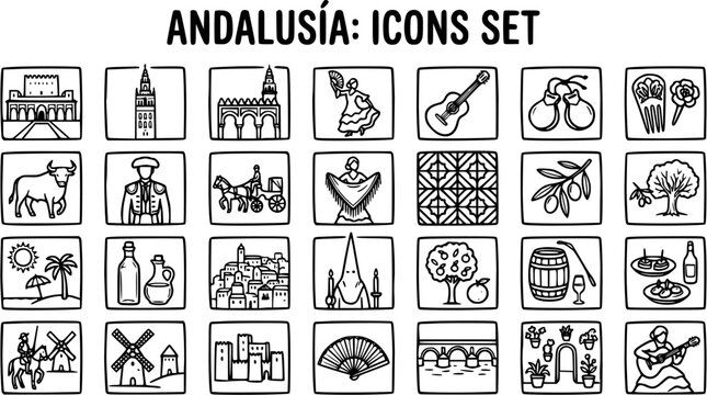 Andalusia Icons Set: Traditional Spanish Culture Symbols in Black and White Line Art