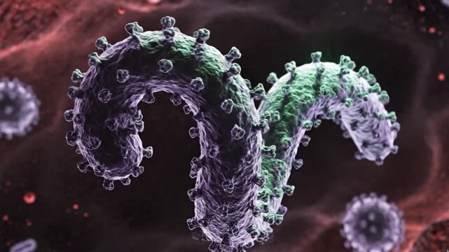 Extreme Close-Up of Ebola Virus Surface Glycosylation Patterns Global Pandemic Risk Immune Evasion Strategy High-magnification imaging reveals the carbohydrate shields covering Ebola glycoproteins. 