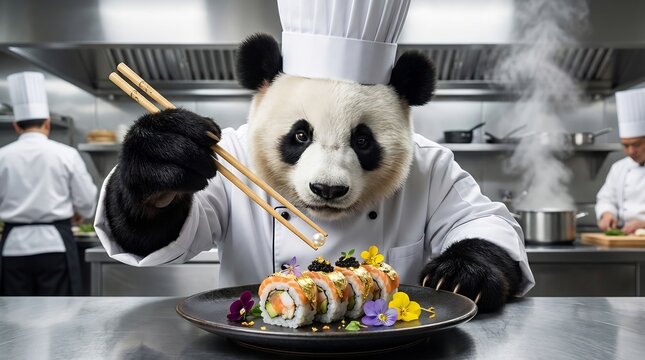 Playful Panda Chef Holding Chopsticks Over Sushi Plate in Stainless Steel Restaurant Kitchen