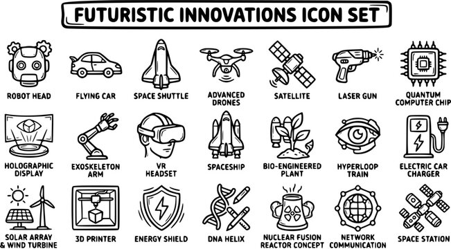 Futuristic Technology Innovations Icon Set - Line Art for Science, Robotics, Space, and Future Concepts