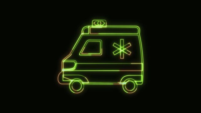Ambulance Icon Neon Seamless Loop 4K Black Background Animated Promotional Typography for Video Editing