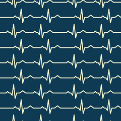 Neon ECG Heartbeat Seamless Pattern on Dark Blue Background © Kanokpit