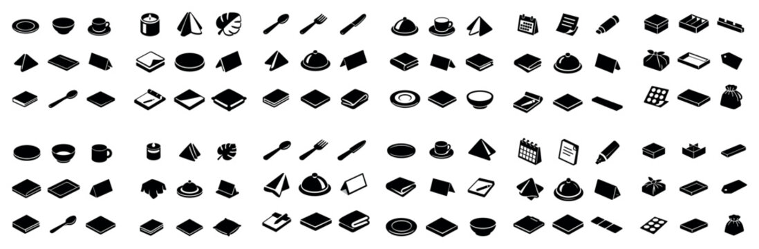 Dining and stationery design icons with bowl spoon calendar for dashboard interface in flat bold design