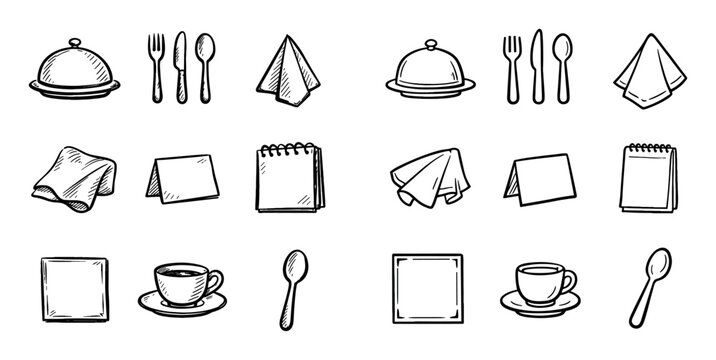 Dining and restaurant design icons with cloche, fork, knife and spoon for web design in hand drawn illustration style