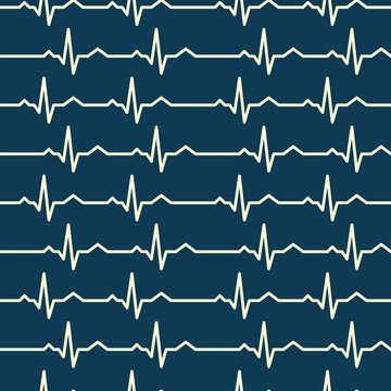 Neon ECG Heartbeat Seamless Pattern on Dark Blue Background