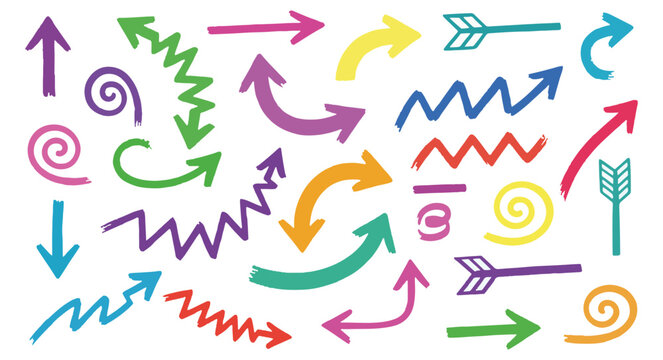 Colorful arrows and symbols, hand-drawn on white background